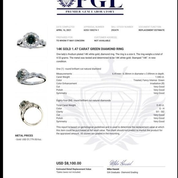 Green Diamond Ring set in 14K White gold; size 6 - Picture 6 of 6